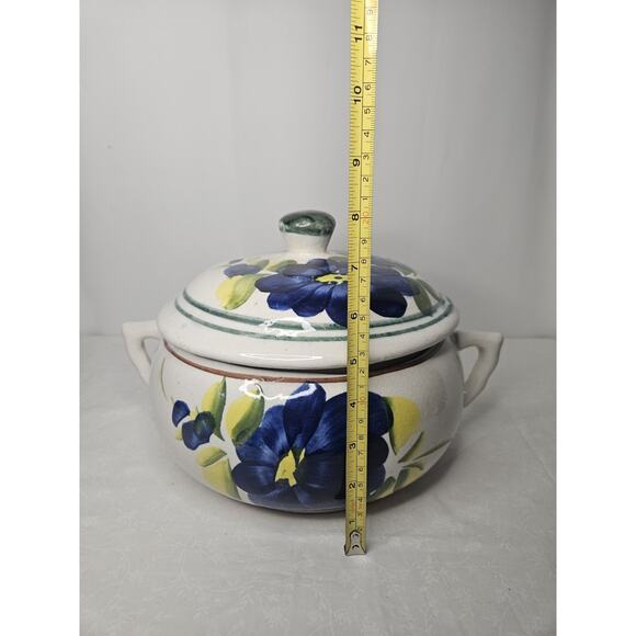 Vtg Mexican Hand Made Painted Decorative Lidded Bean Pot Blue Floral Casserole - Picture 11 of 11